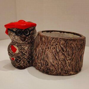 Vintage MCM Ceramic Wise Owl By Tree Stump Planter with Glasses, Book, & Hat